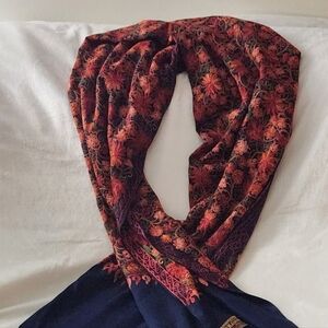 Floral Embriodered Patterned Scarf with Fringe Red Flowers Wool Kashmari